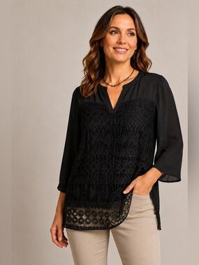 New Directions Black Lace Crochet Tunic Blouse XL Sheer Boho V Neck Top NWT